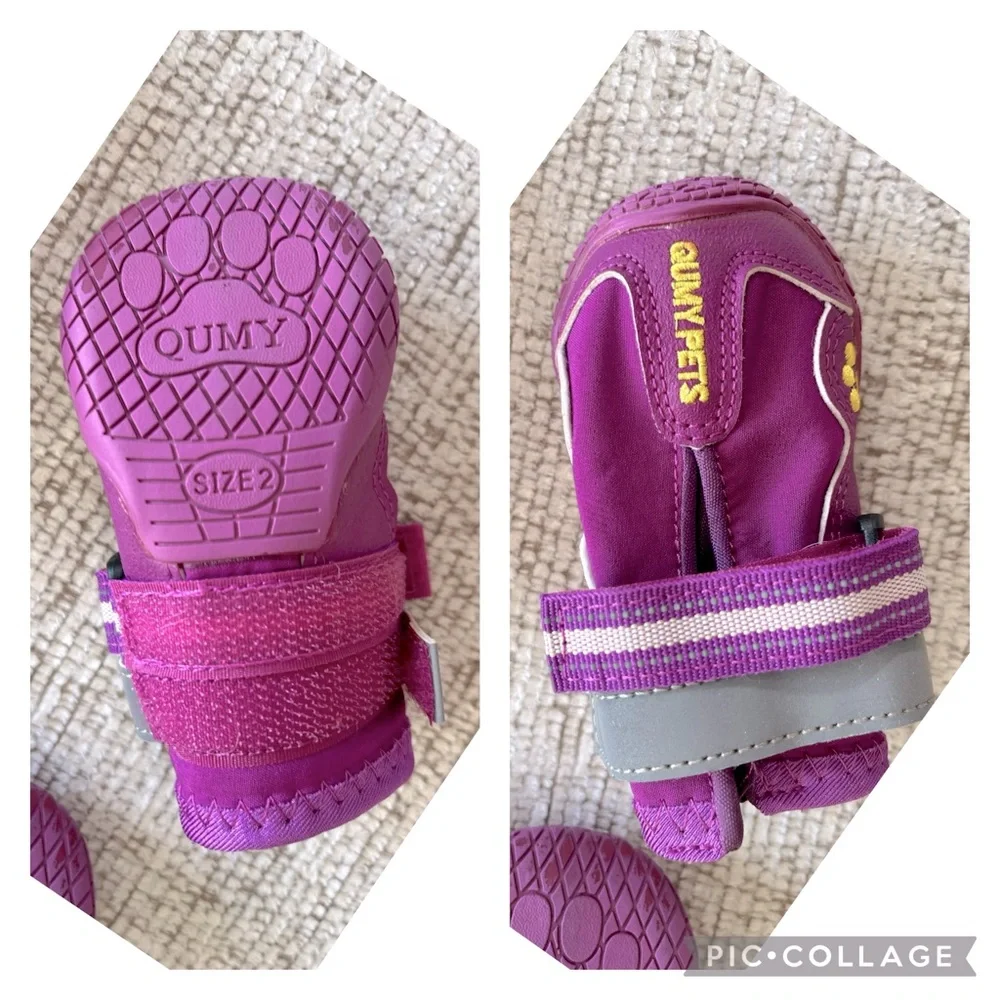 QUMY Dog Boots Waterproof Anti-Slip Reflective Shoes Purple Size 2 4-Pack + Free